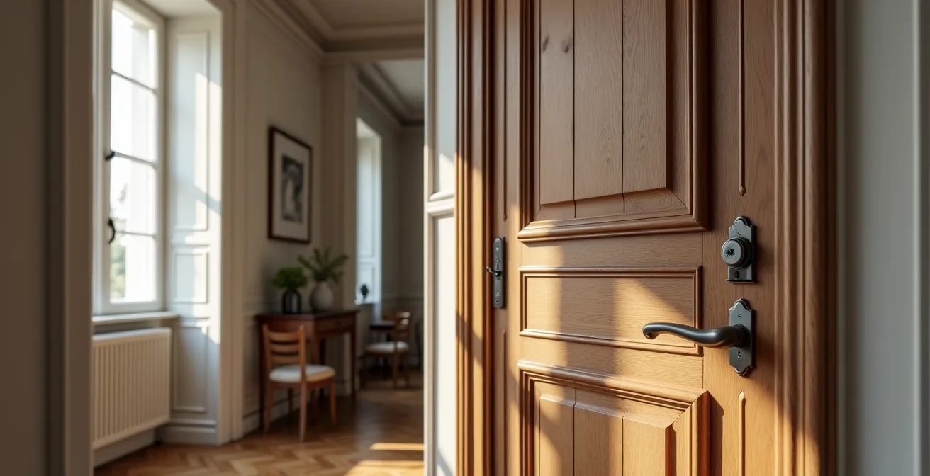 Installation d'une serrure en applique sur une porte ancienne en bois massif