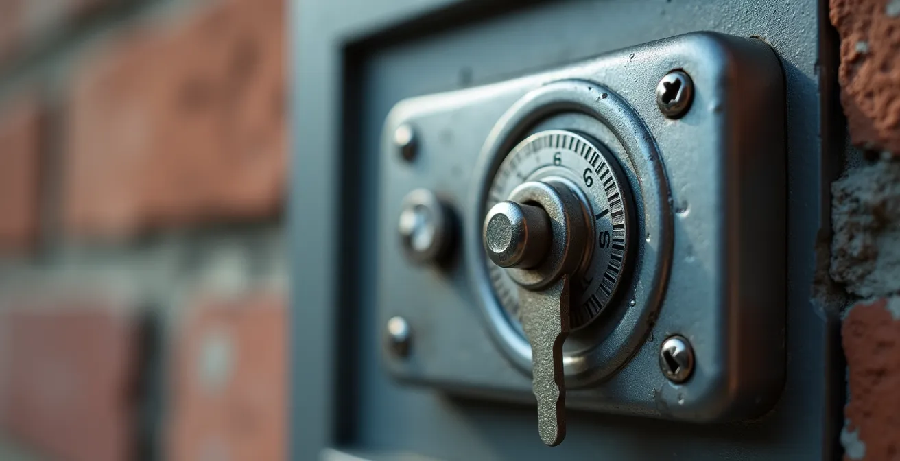 Gros plan sur une boîte à clés métallique installée sur un mur extérieur dans un endroit discret