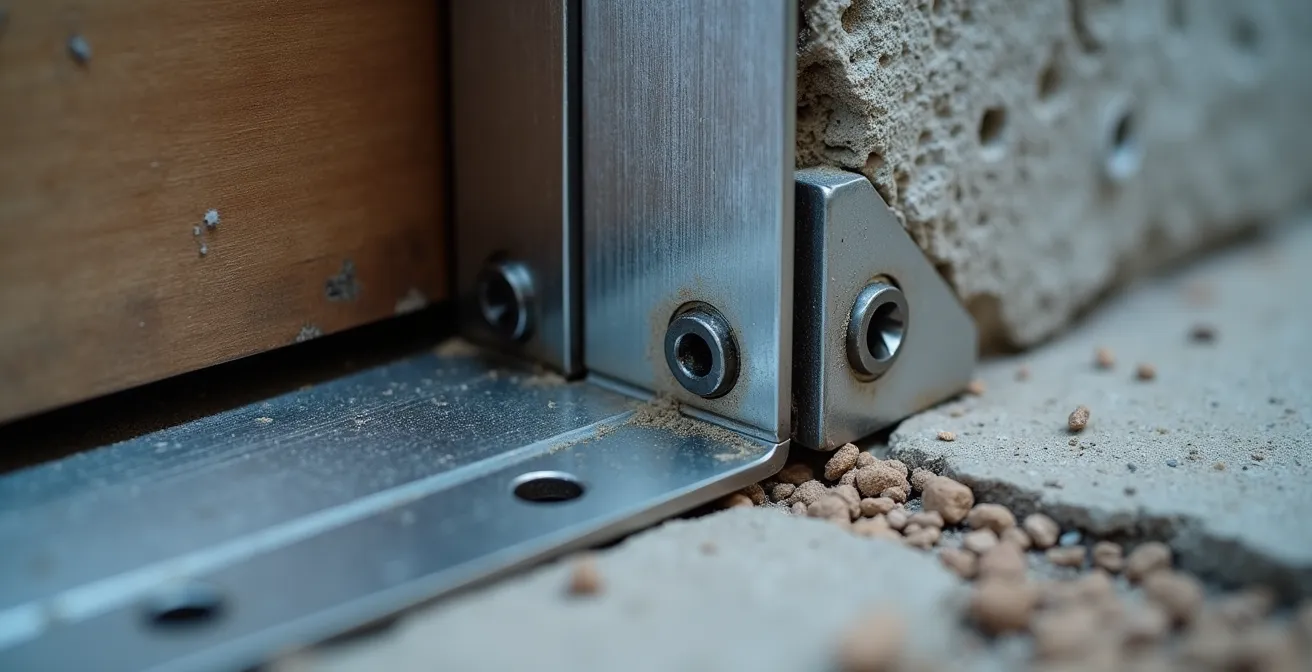 Gros plan technique sur un cadre de porte renforcé avec fixations chimiques dans un mur en béton