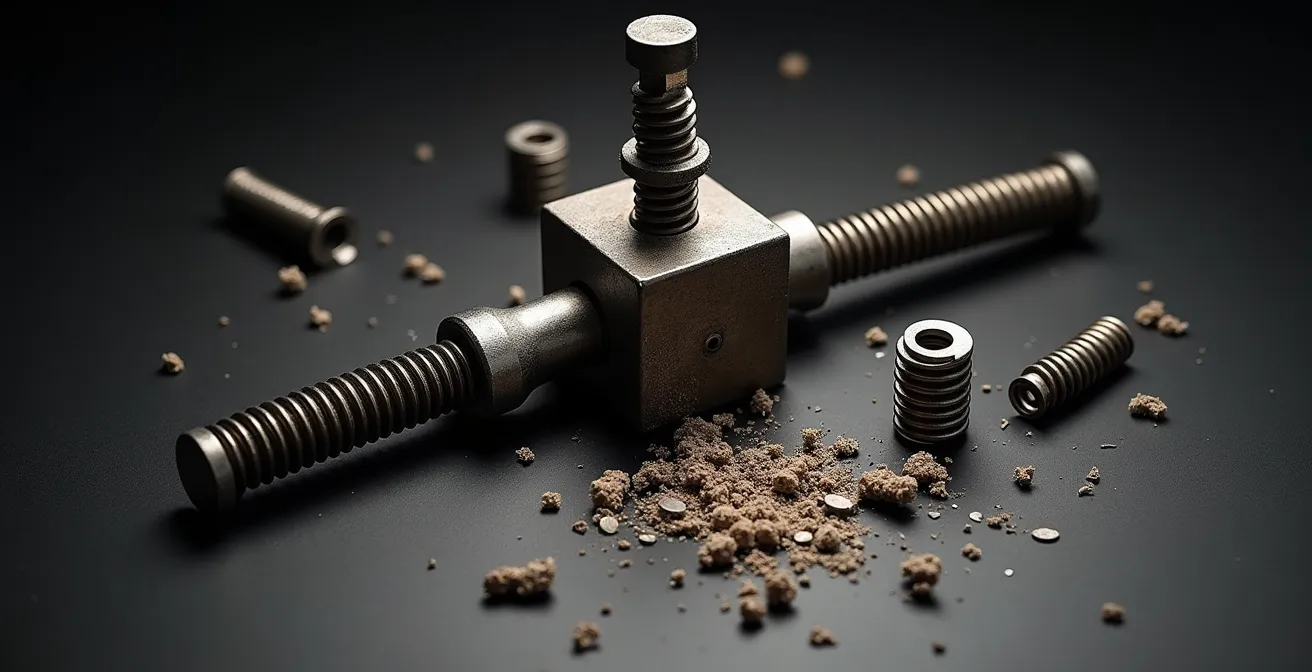 Vue détaillée d'un carré de poignée usé et d'un fouillot de serrure montrant les signes de fatigue du métal