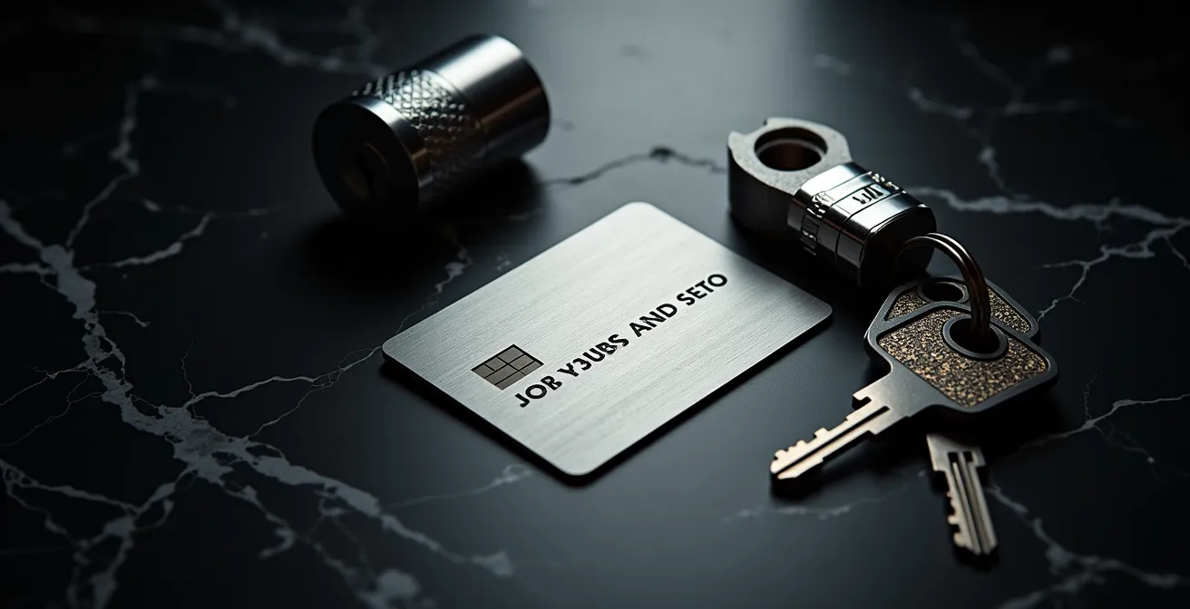 Carte de propriété métallique posée à côté d'un cylindre haute sécurité et de clés techniques