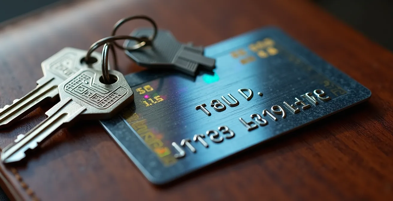 Carte de propriété métallique sécurisée posée sur une surface en bois avec clés brevetées