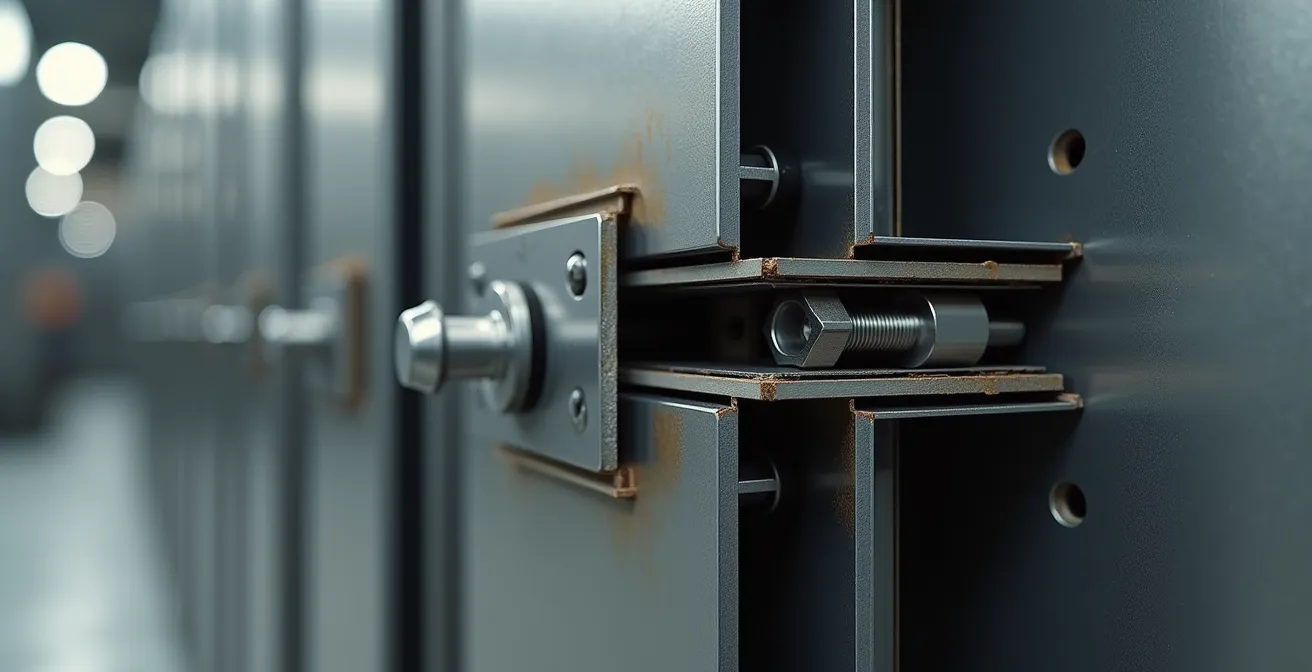 Vue macro détaillée de la structure métallique d'un blindage de porte