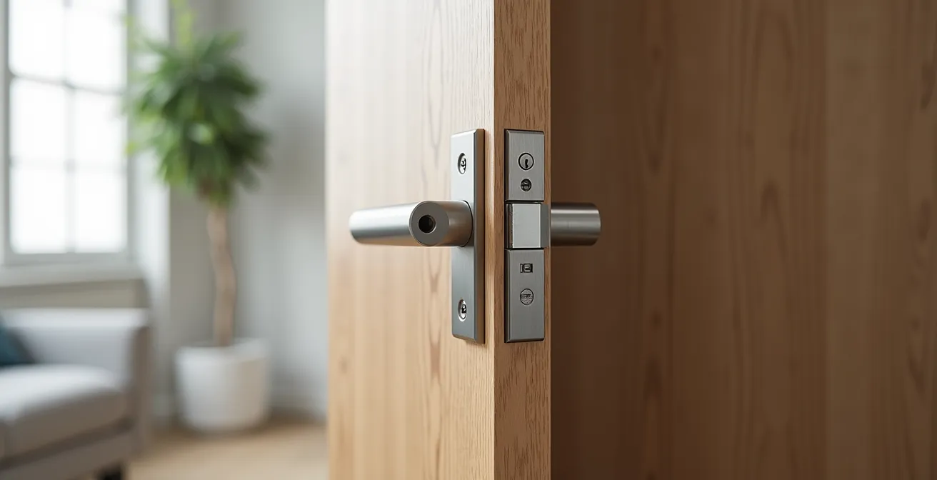 Comparaison côte à côte d'un pêne dormant rectangulaire et d'un pêne demi-tour biseauté dans leur mécanisme