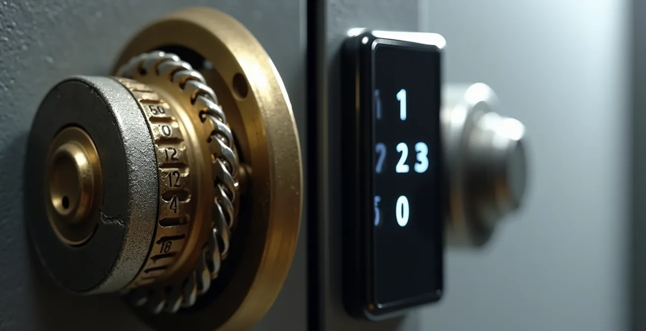 Vue détaillée comparative d'une serrure mécanique à molettes et d'une serrure électronique à clavier tactile