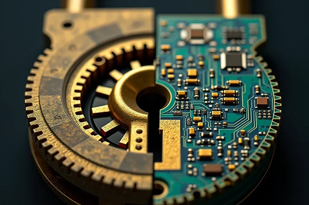 Vue macro détaillée des mécanismes internes d'une serrure mécanique et électronique