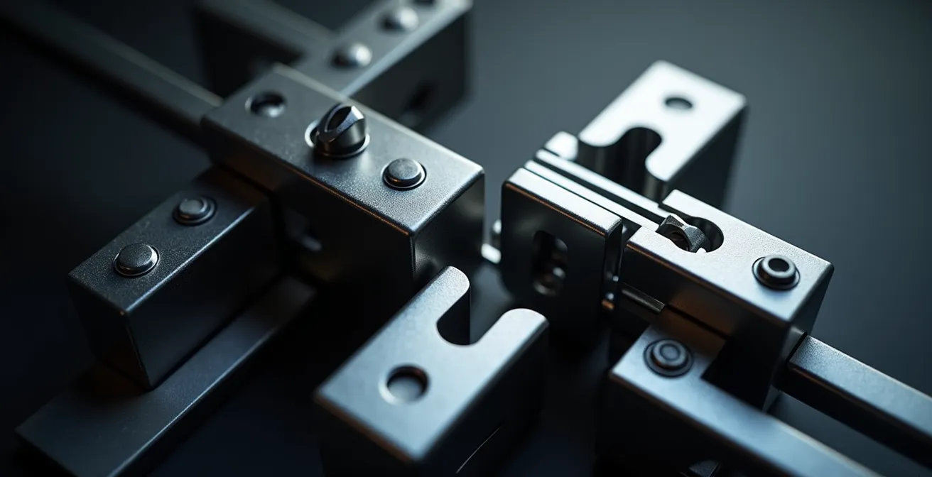 Gros plan sur des paumelles de sécurité soudées avec pions anti-dégondage sur une porte blindée