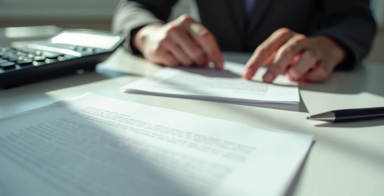 Vue de dessus d'un bureau avec documents posés, calculatrice et stylo