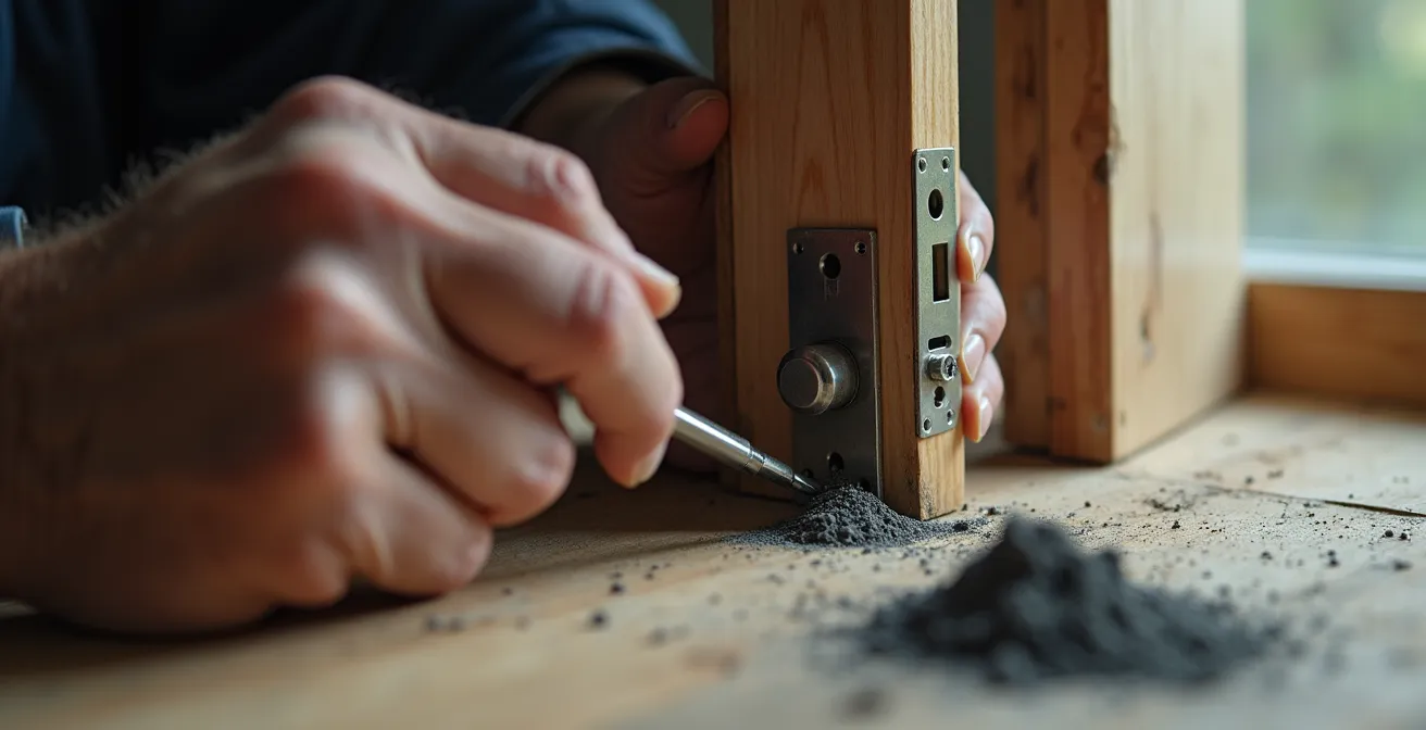 Ajustements fins d'une serrure nouvellement installée avec outils de précision