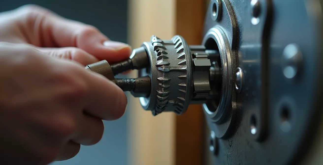 Gros plan sur l'installation professionnelle d'une serrure multipoints haute sécurité