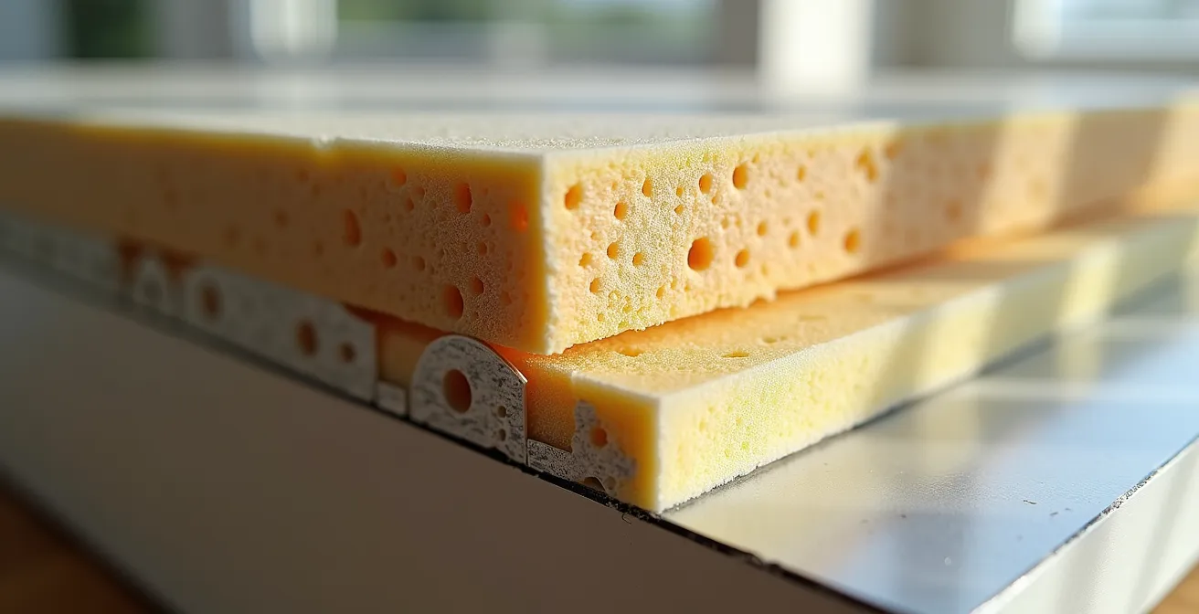 Vue en coupe d'une porte d'entrée montrant les différentes couches d'isolation thermique