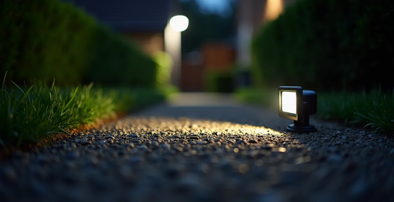Jardin de nuit avec éclairage automatique et aménagement sécurisé