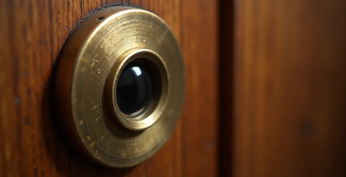 Vue macro d'un judas optique en laiton installé sur une porte en bois avec effet de profondeur de champ