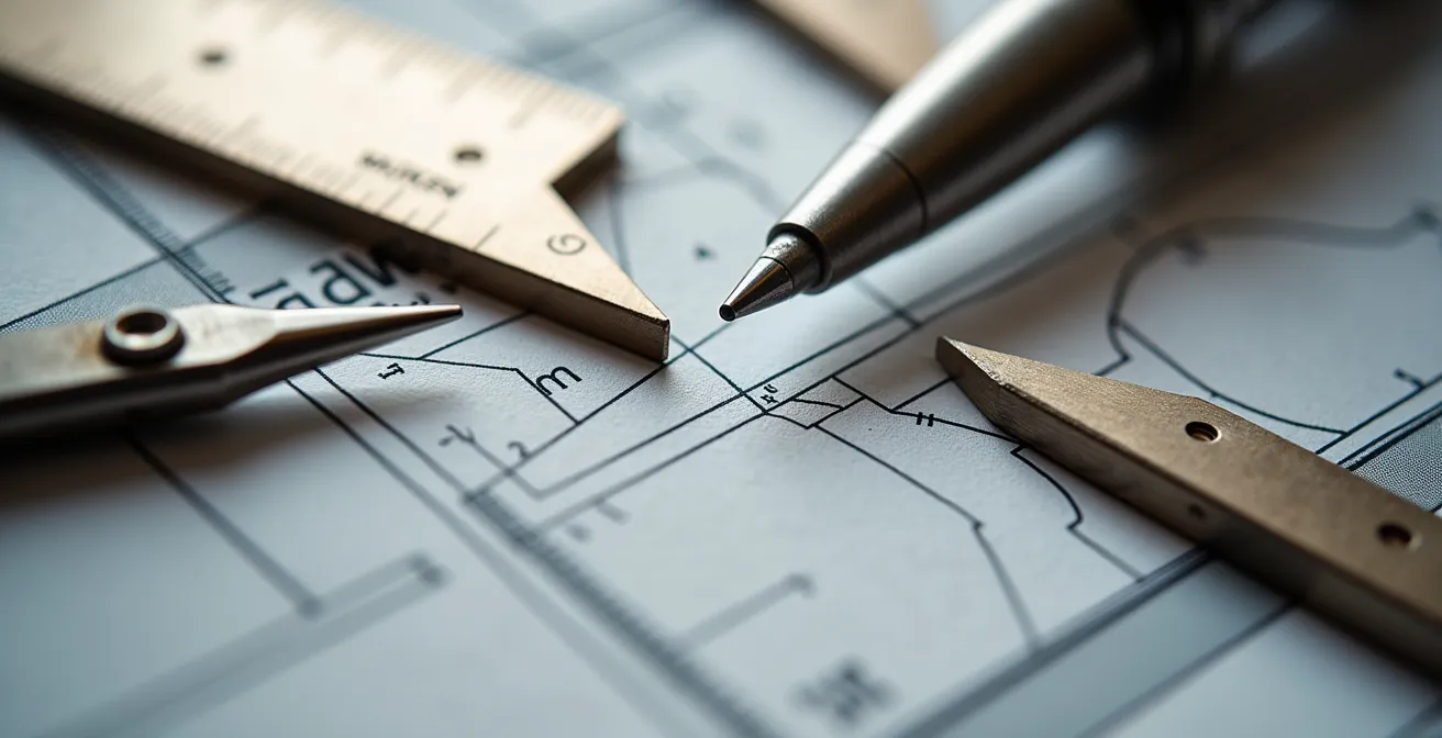 Plan technique de métallerie avec outils de mesure et échantillons métalliques disposés sur table de travail