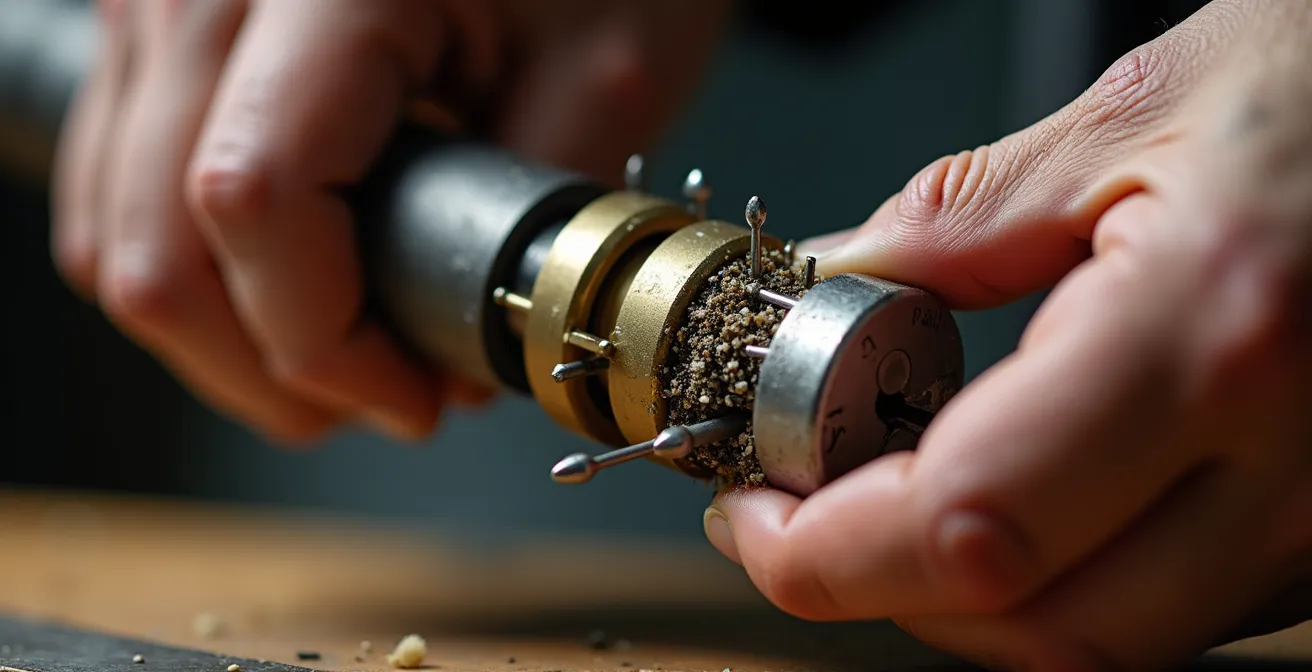 Gros plan sur les mains expertes d'un serrurier manipulant des goupilles avec une précision millimétrique