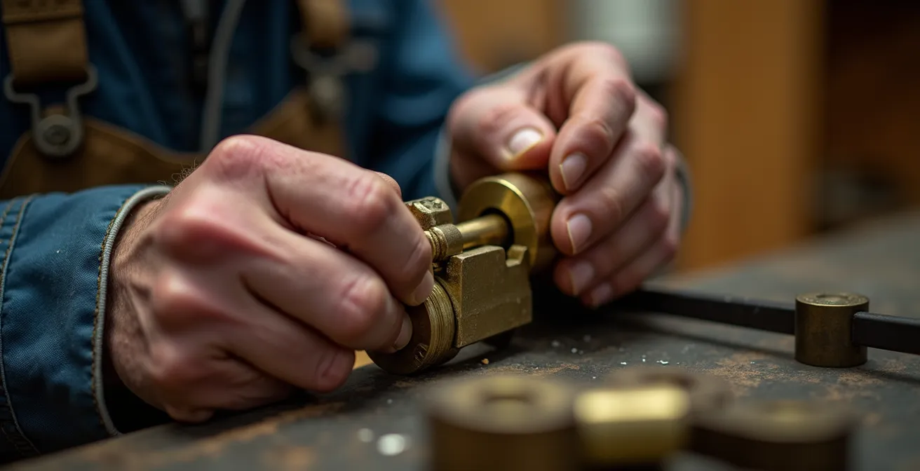 Gros plan sur les mains expertes d'un serrurier manipulant des outils de précision dans un cylindre de serrure