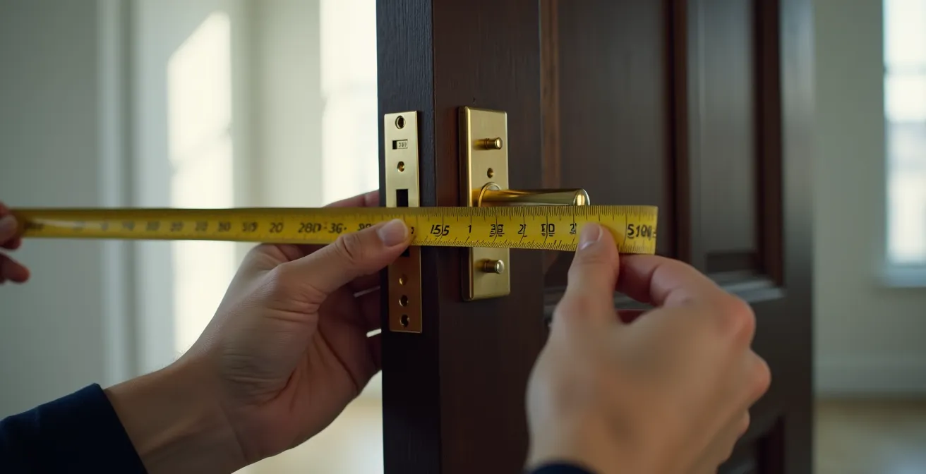 Mesure d'un cylindre de serrure avec un mètre ruban montrant le dépassement critique