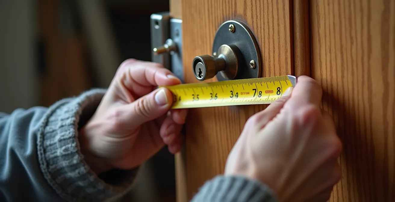 Main mesurant précisément l'entraxe d'une serrure avec un mètre ruban jaune sur une porte en bois