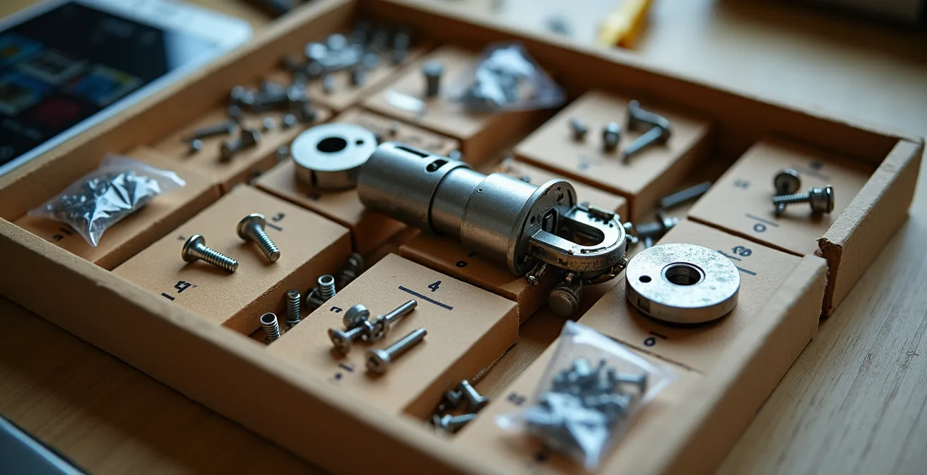 Organisation méthodique des pièces de serrure lors du démontage avec sachets numérotés