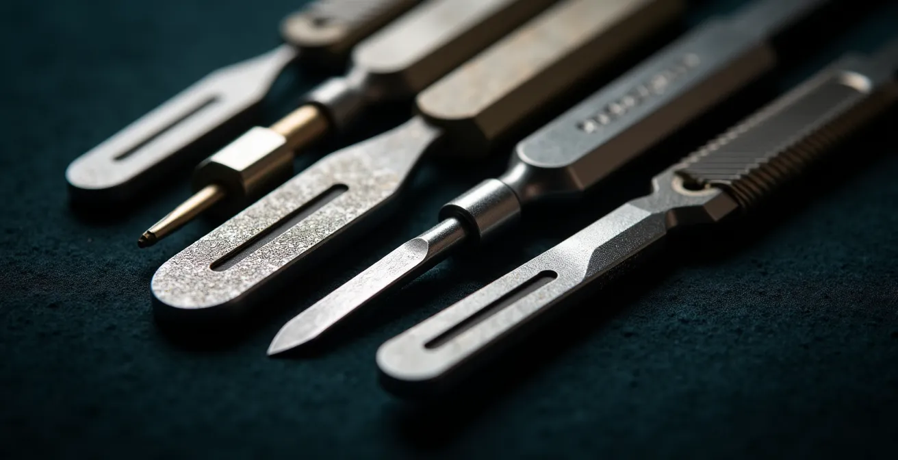 Outils professionnels de serrurier disposés pour différentes techniques d'ouverture non-destructive