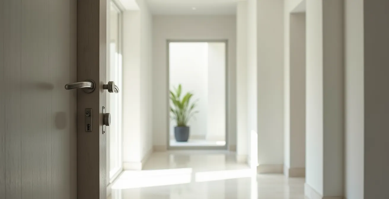 Vue large d'une porte d'entrée moderne avec serrure sécurisée dans un hall lumineux et épuré