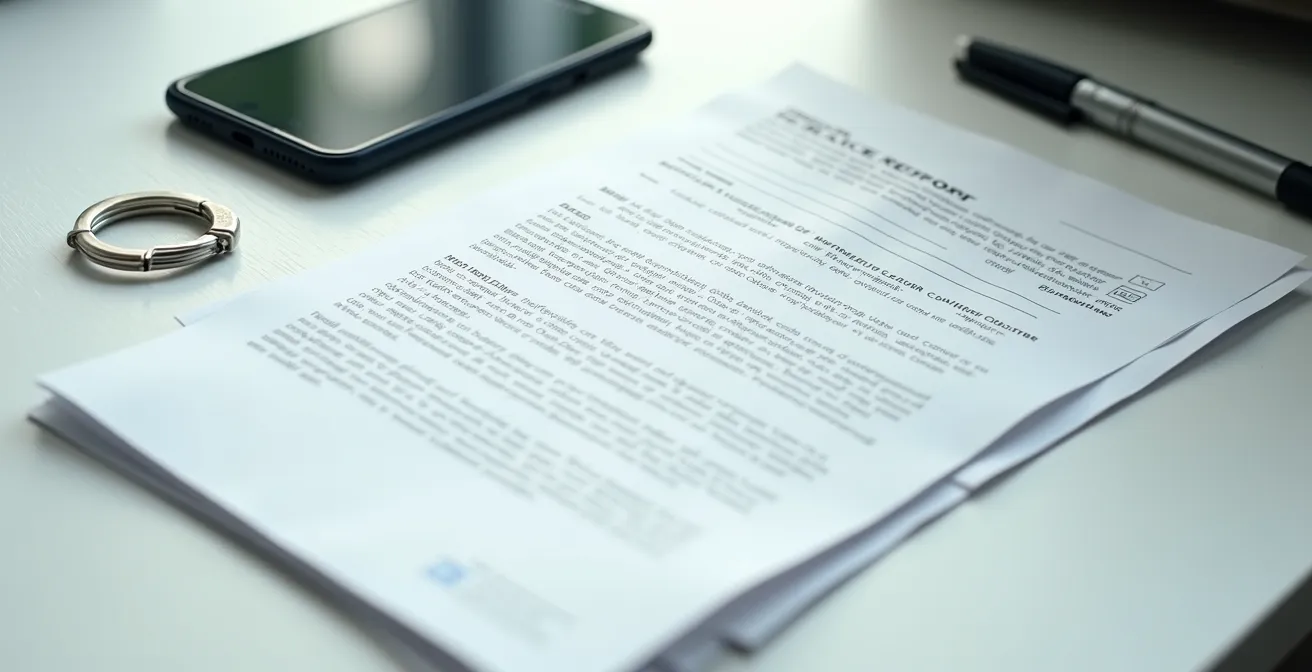 Vue d'ensemble d'un bureau avec documents de déclaration de vol et trousseau de clés sur une table