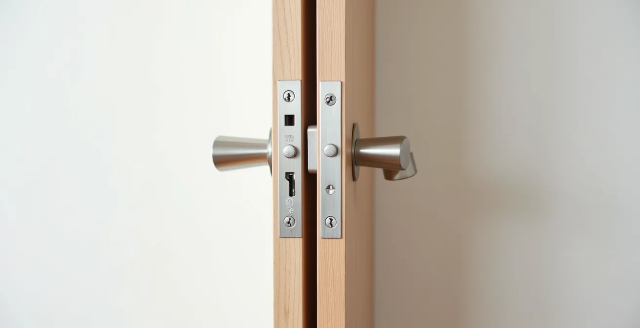 Vue latérale d'une porte montrant l'alignement précis entre le pêne et la gâche avec outils de réglage