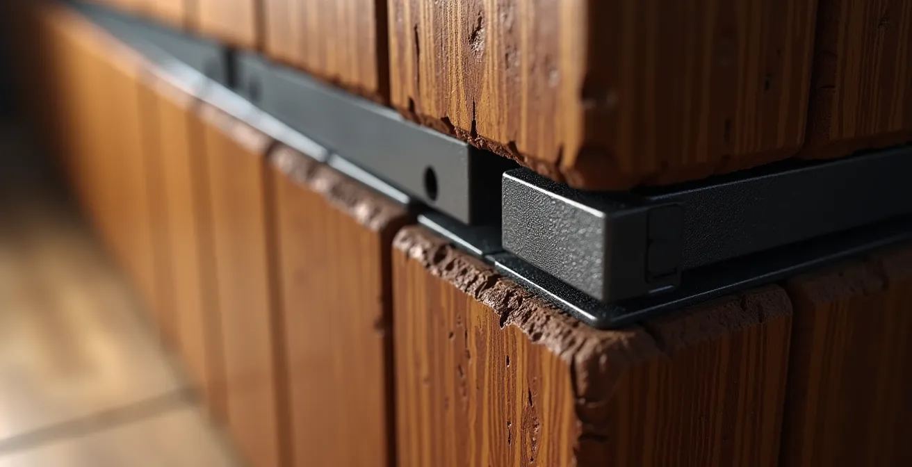 Schéma technique montrant la propagation des forces d'un coup de bélier sur un cadre de porte avec zones de rupture