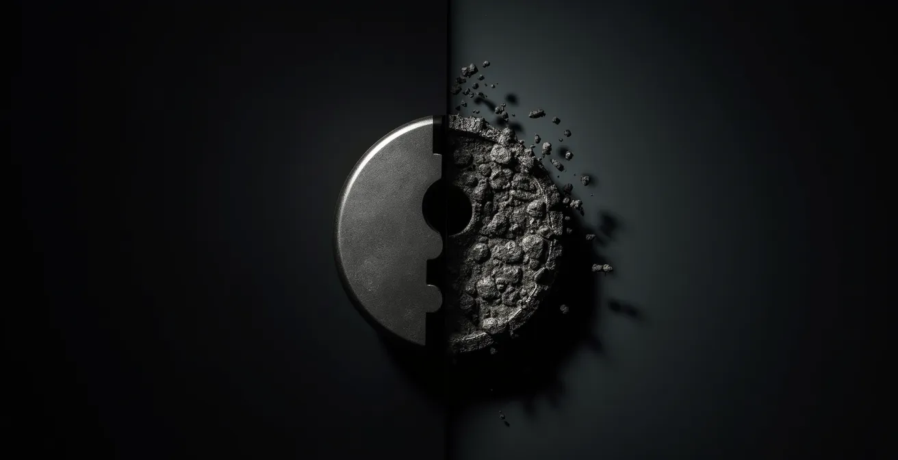 Gros plan sur un cylindre de serrure montrant des traces d'effraction et micro-fissures invisibles