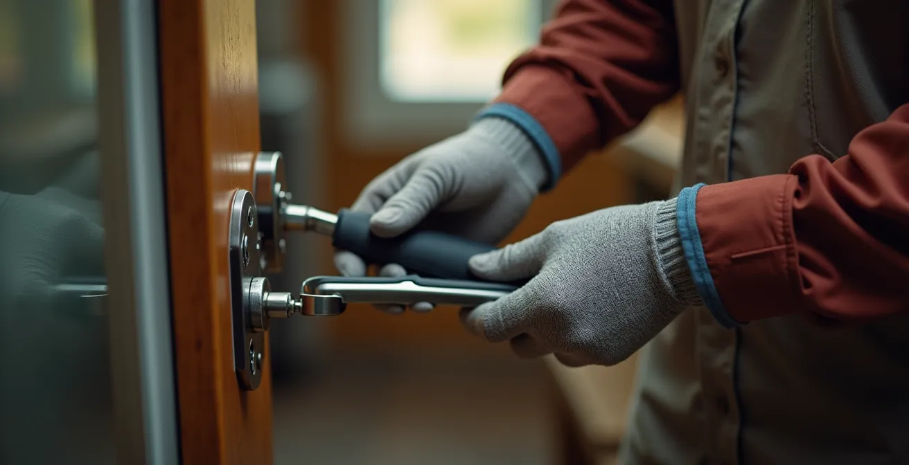 Intervention professionnelle d'un serrurier sur une porte d'entrée