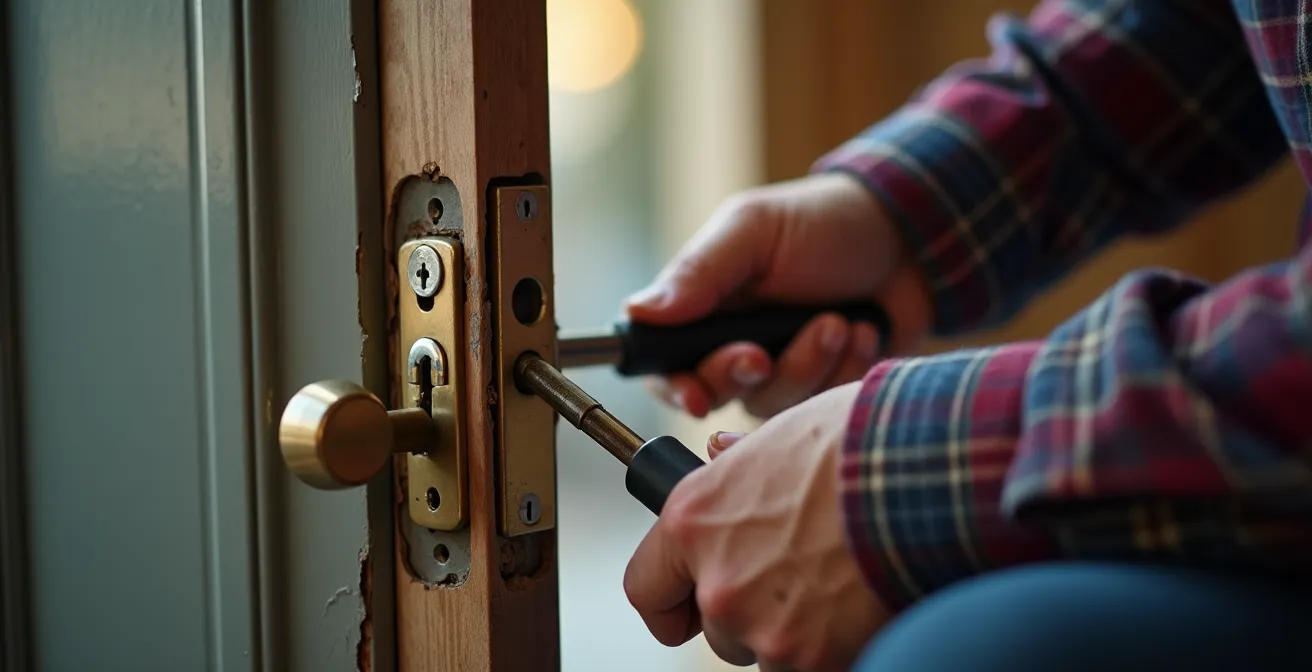 Serrurier professionnel installant une serrure temporaire sur une porte endommagée par effraction