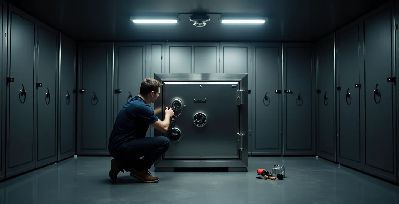 Serrurier spécialisé travaillant sur le mécanisme complexe d'un coffre-fort professionnel