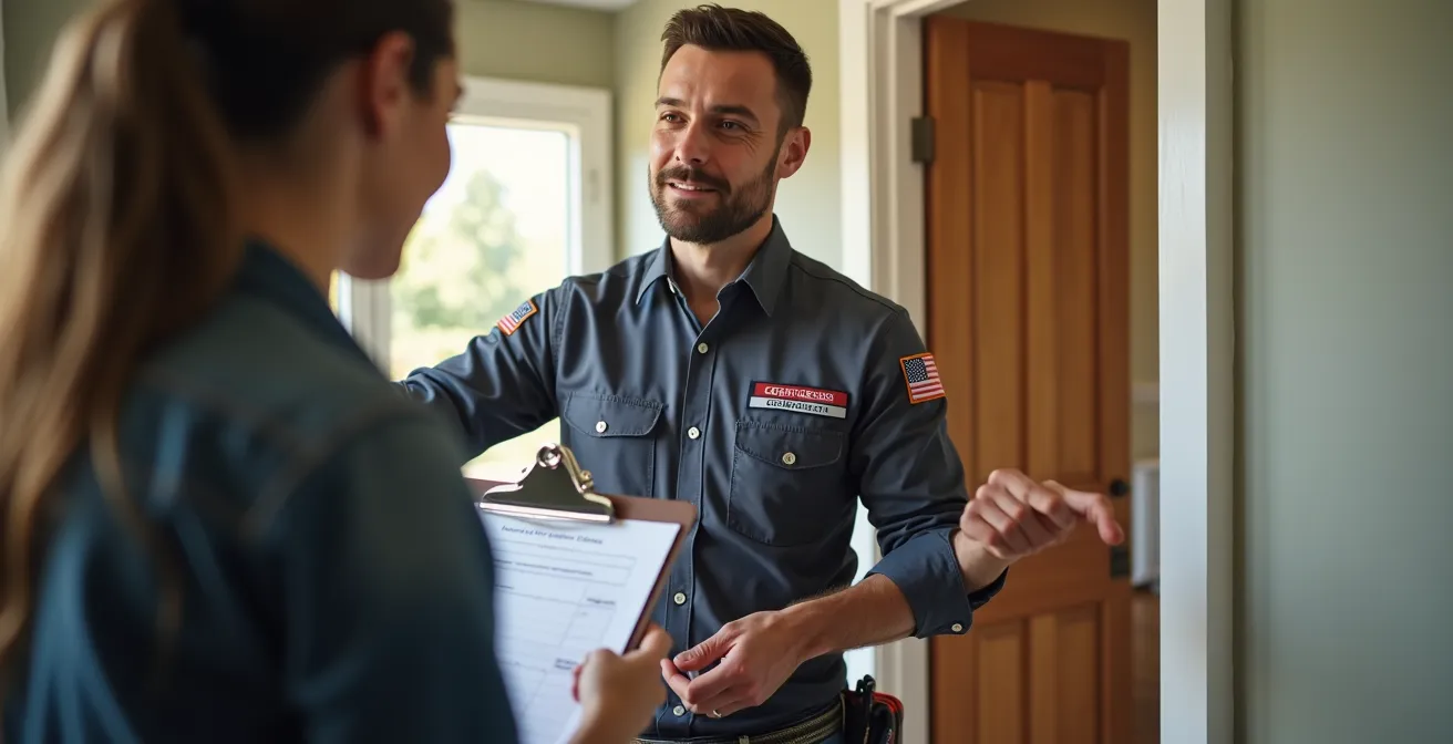 Serrurier professionnel montrant un devis transparent à un client devant une porte d'entrée