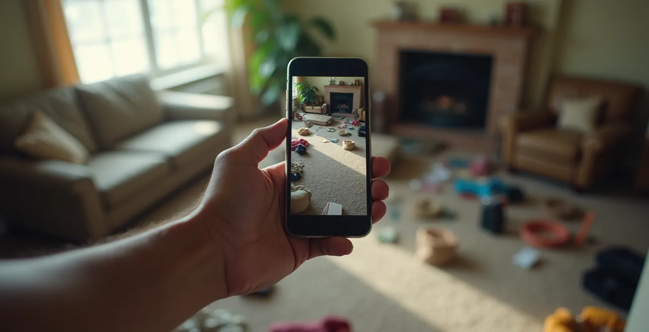 Main tenant un smartphone photographiant une pièce en désordre après cambriolage