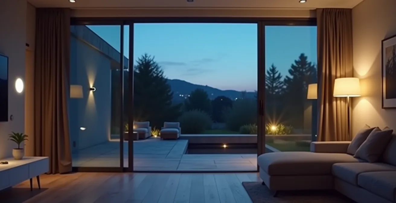 Vue d'ensemble d'une baie vitrée équipée de capteurs de sécurité connectés discrets et intégrés.