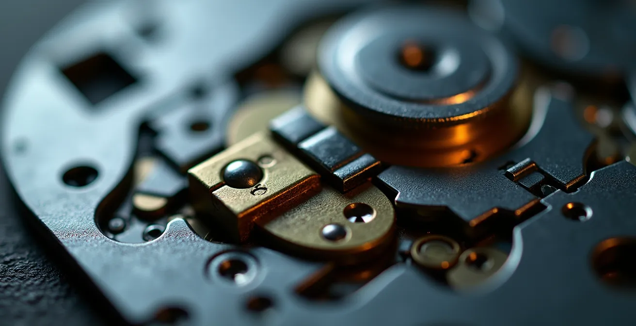 Vue macro d'un mécanisme de serrure haute sécurité avec détails complexes