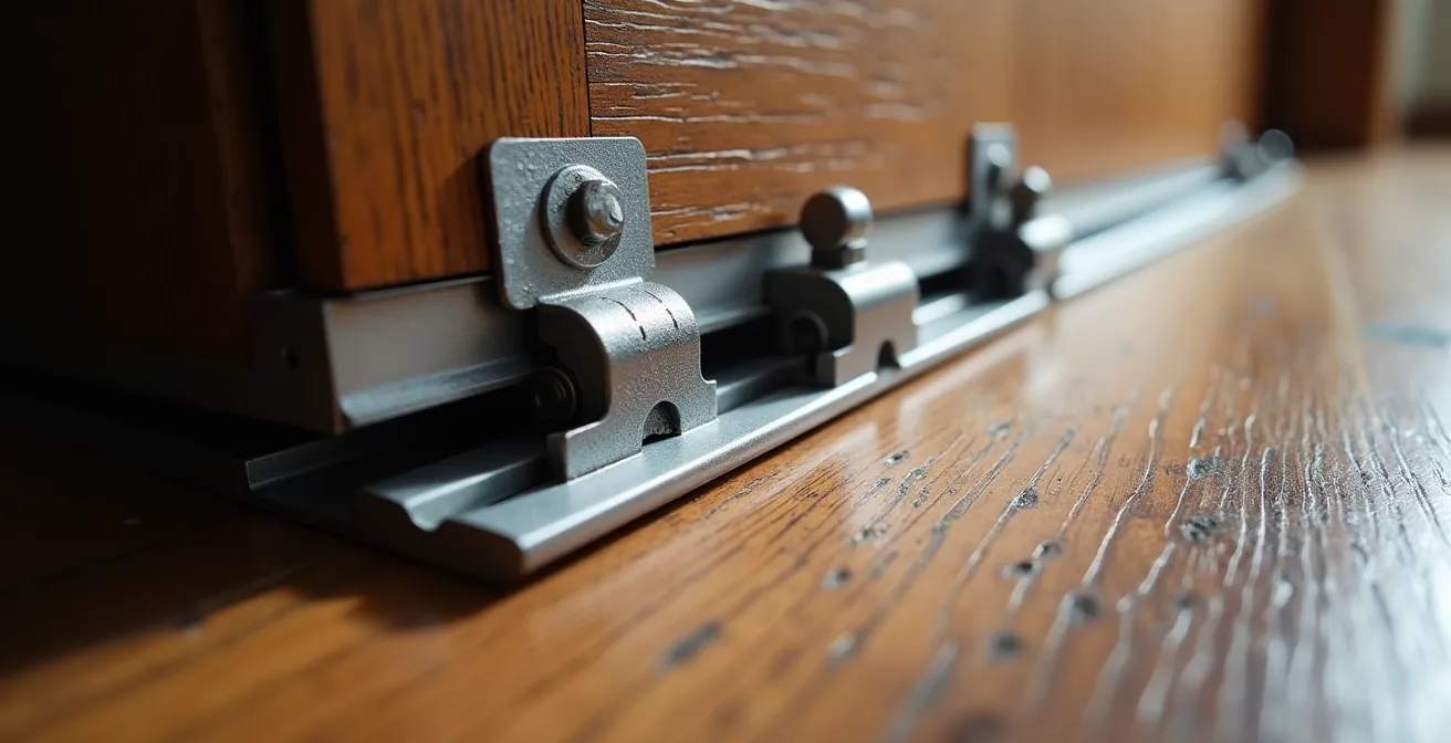 Vue macro d'un rail de baie vitrée montrant le mécanisme de galets vulnérable au soulèvement.