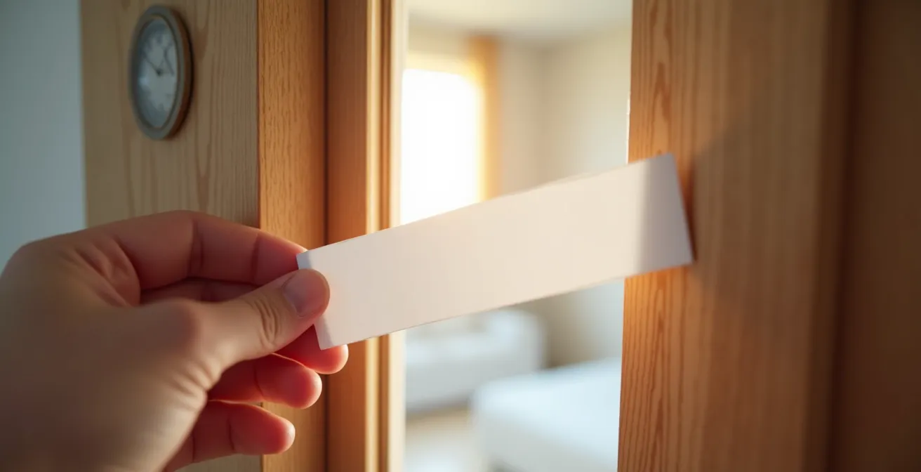 Gros plan sur une main testant l'étanchéité d'une porte avec une feuille de papier