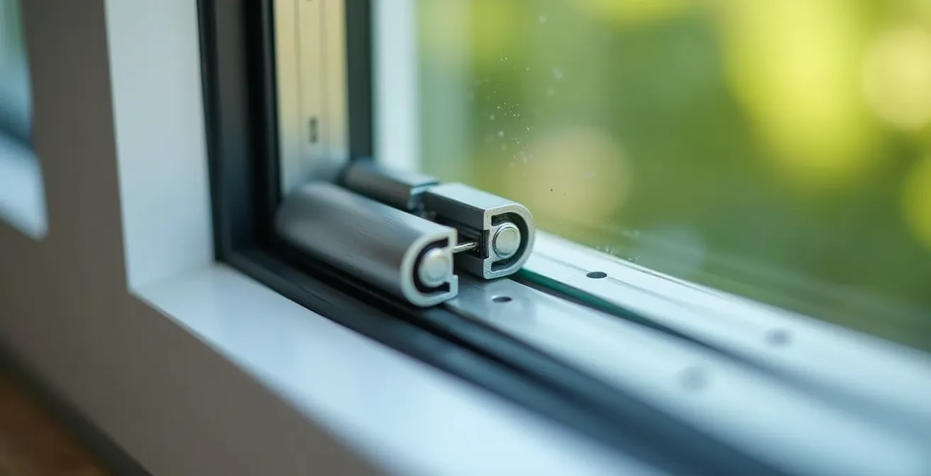 Gros plan technique d'une fenêtre sécurisée montrant les trois éléments de protection