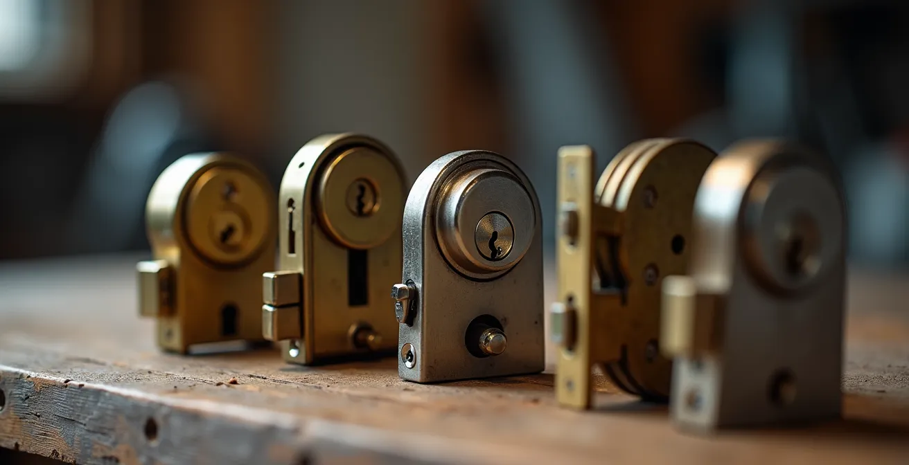 Différents types de serrures disposés sur une surface en bois