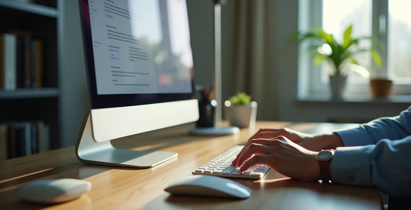 Écran d'ordinateur montrant une recherche en ligne, vu de côté avec mains sur clavier