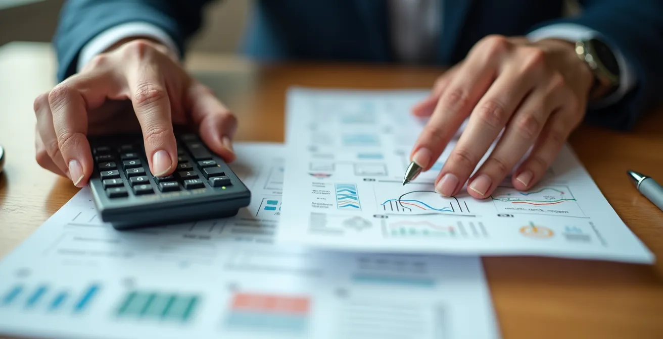 Main analysant une facture de serrurier avec calculatrice et documents