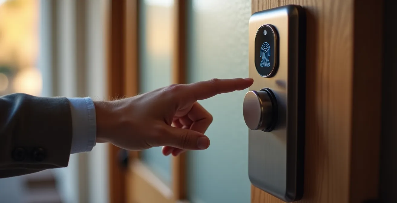 Démonstration visuelle des trois facteurs d'authentification sur une serrure moderne : empreinte digitale, code et smartphone.