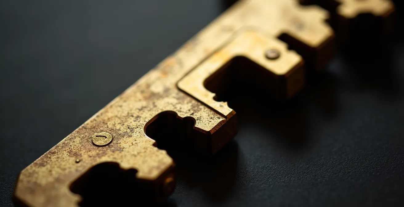 Clé de sécurité brevetée avec éléments mobiles et perçages multi-angles sur fond neutre