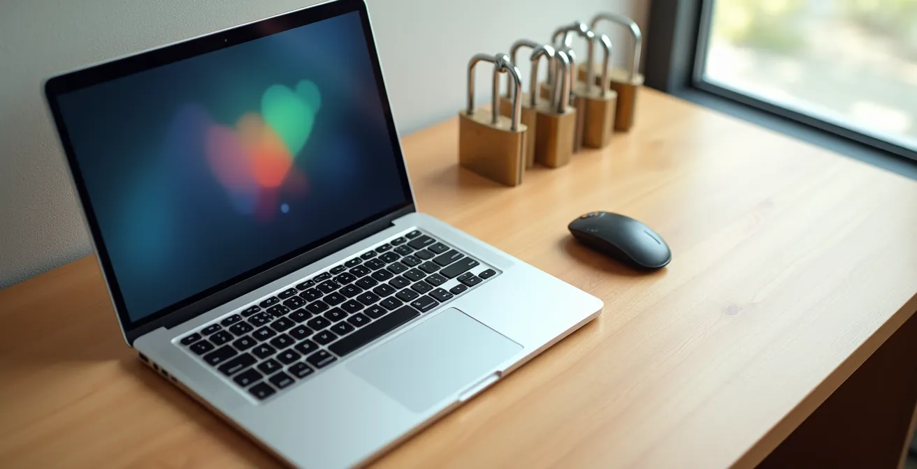 Vue aérienne d'un bureau avec un ordinateur portable et des cylindres de serrure posés sur la table