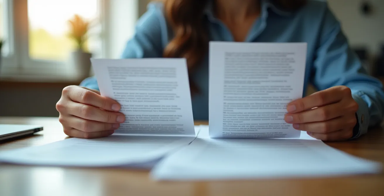 Mains tenant deux factures côte à côte sur un bureau en bois