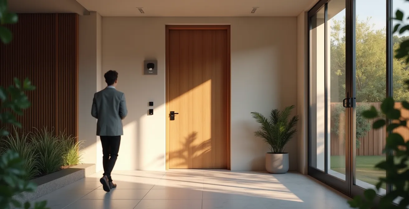 Vue d'ensemble minimaliste d'une porte d'entrée moderne avec différents capteurs biométriques intégrés