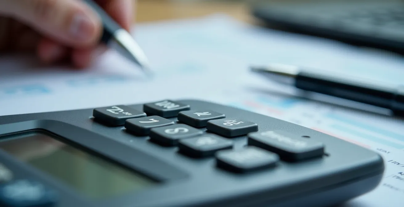 Vue macro d'un écran de calculatrice avec reflets, documents tarifaires flous en arrière-plan