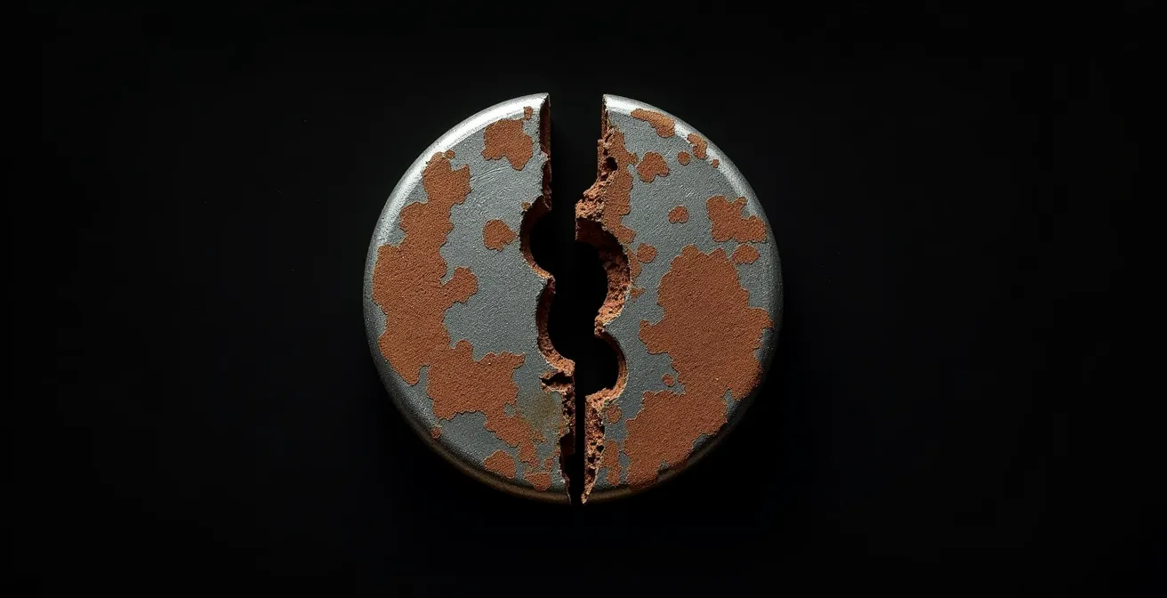 Vue détaillée d'un cylindre de serrure présentant des fissures et de l'oxydation avancée