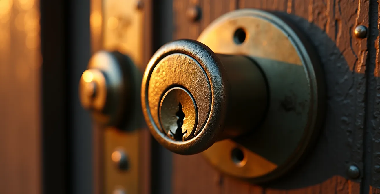 Gros plan macro sur un cylindre de serrure dépassant dangereusement d'une porte